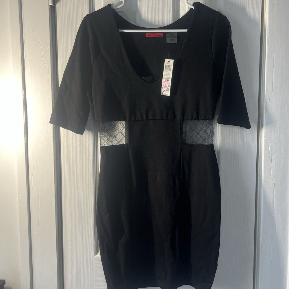 LINQ Black Bodycon V-Neck Dress Mesh Cutout Waist Medium NWT